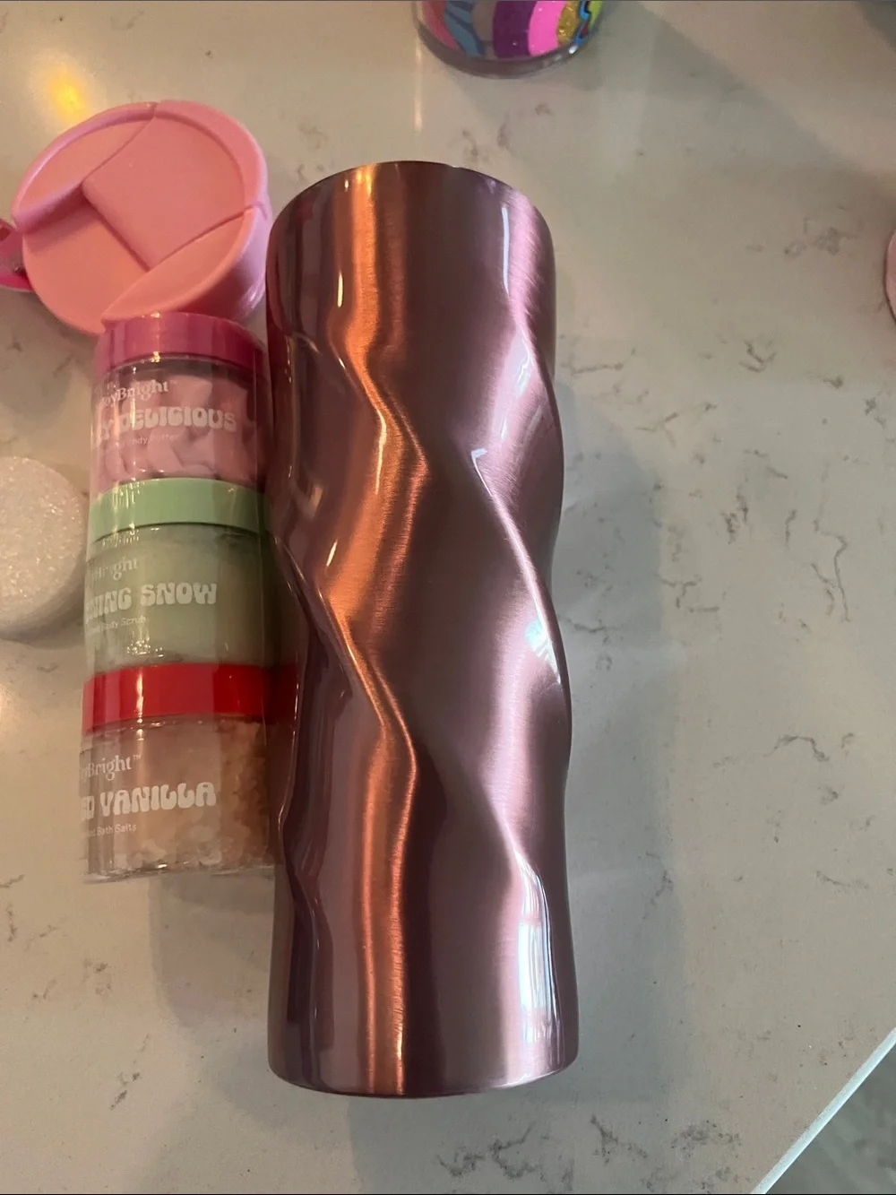 NWT Ulta JoyBright Sweet Sips 4pc Bath & Tumbler Gift Set Rose Gold Pink New